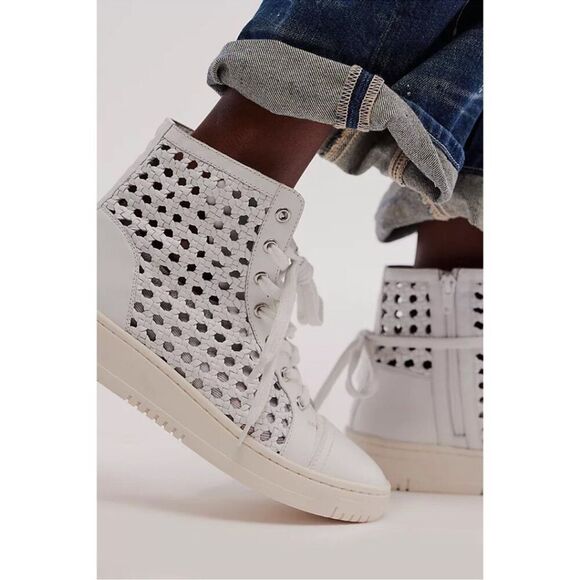 Free People Hayes High Top Sneakers Lace Up Side Zip Woven Ivory White - Picture 2 of 13